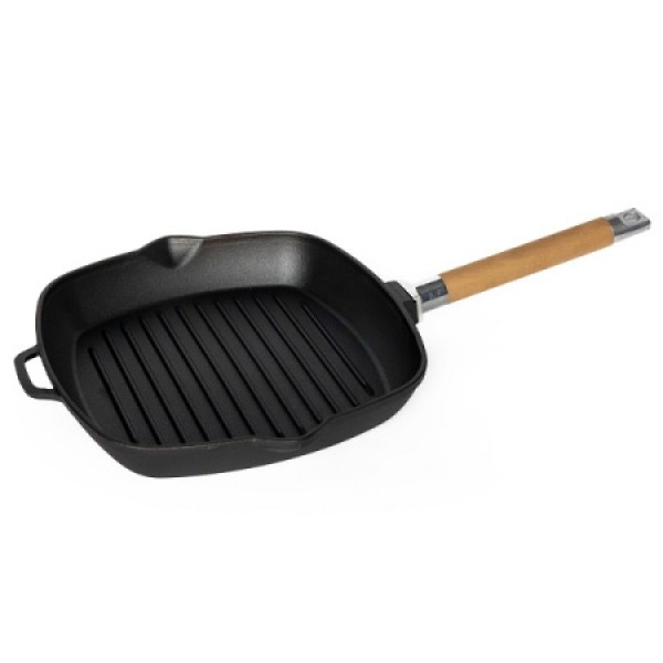 Сковорода-гриль 28*28см,  чугун. рифлен. со съемн дерев. ручкой